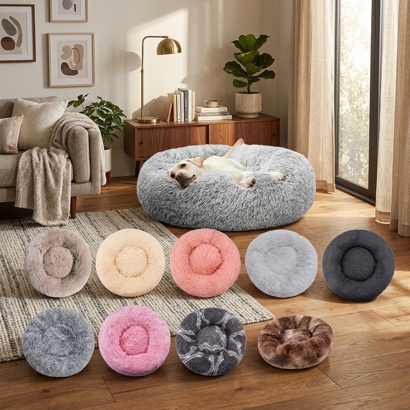 Calming Dog Bed - 丸型ぬいぐるみ犬用ベッド 冬用暖かい猫用ベッド 洗えるペットソファバスケットベッド 小型犬、中型犬、大型犬、猫用